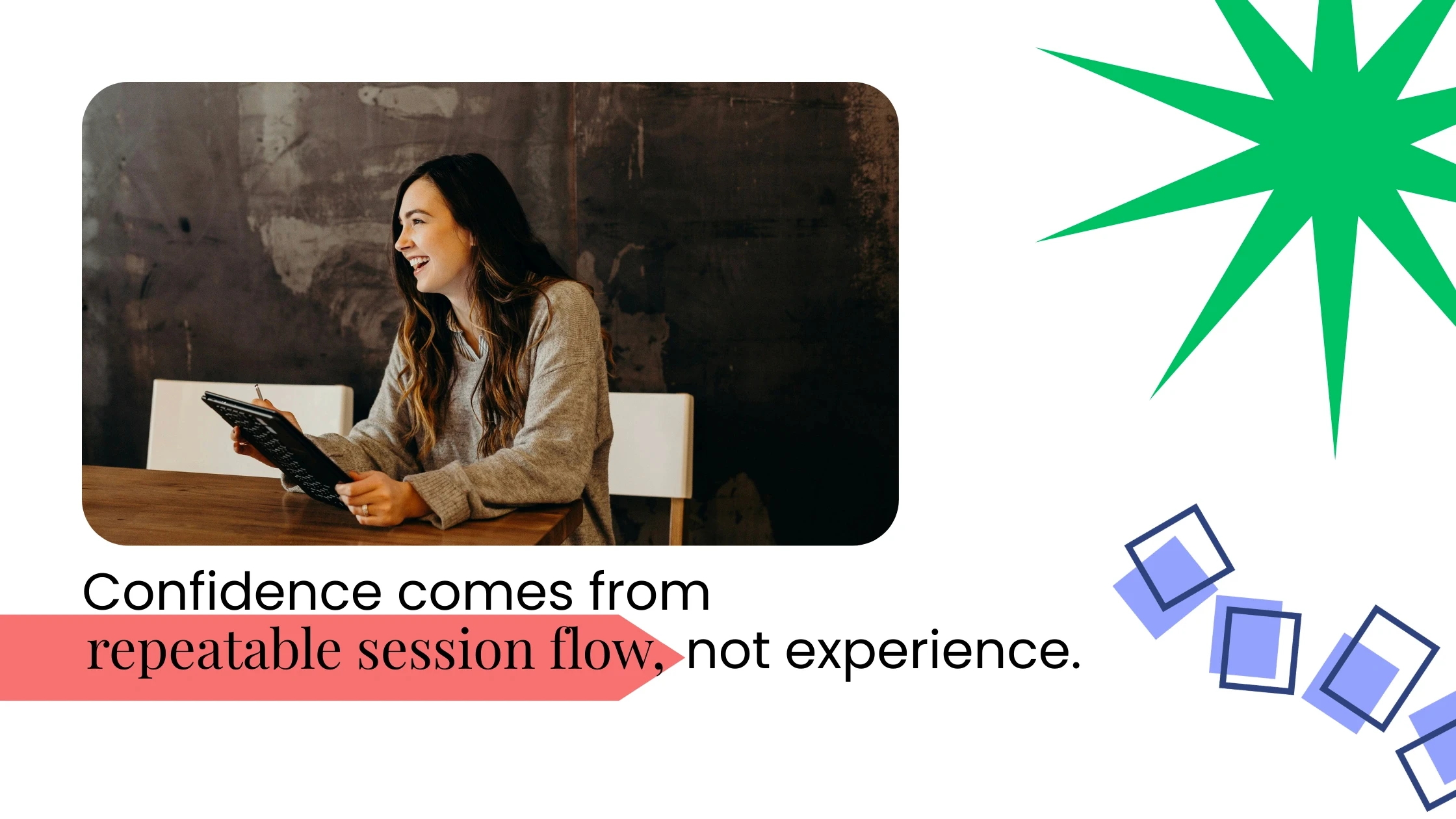 Coach speaking and gesturing during a session, with text about confidence coming from repeatable group session flow.