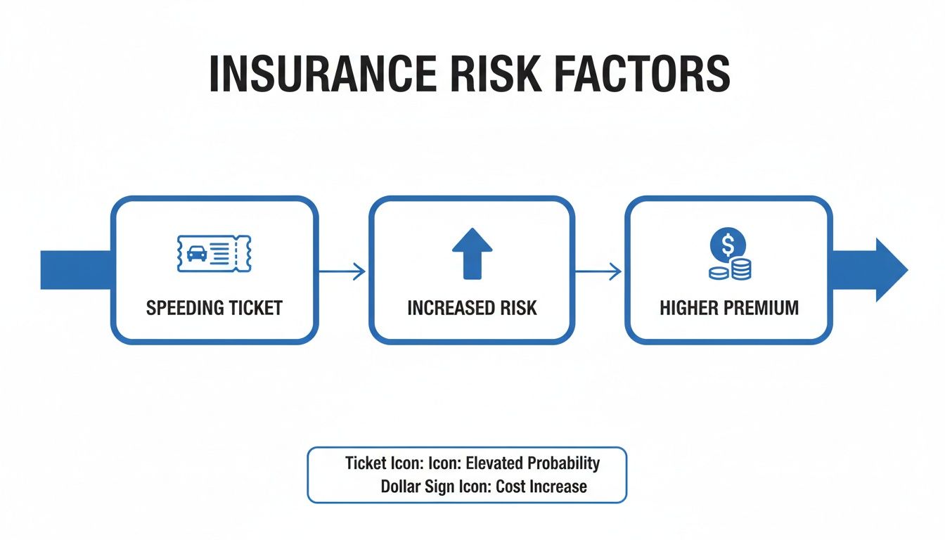 Flowchart illustrating how a speeding ticket leads to increased insurance risk and higher premiums.