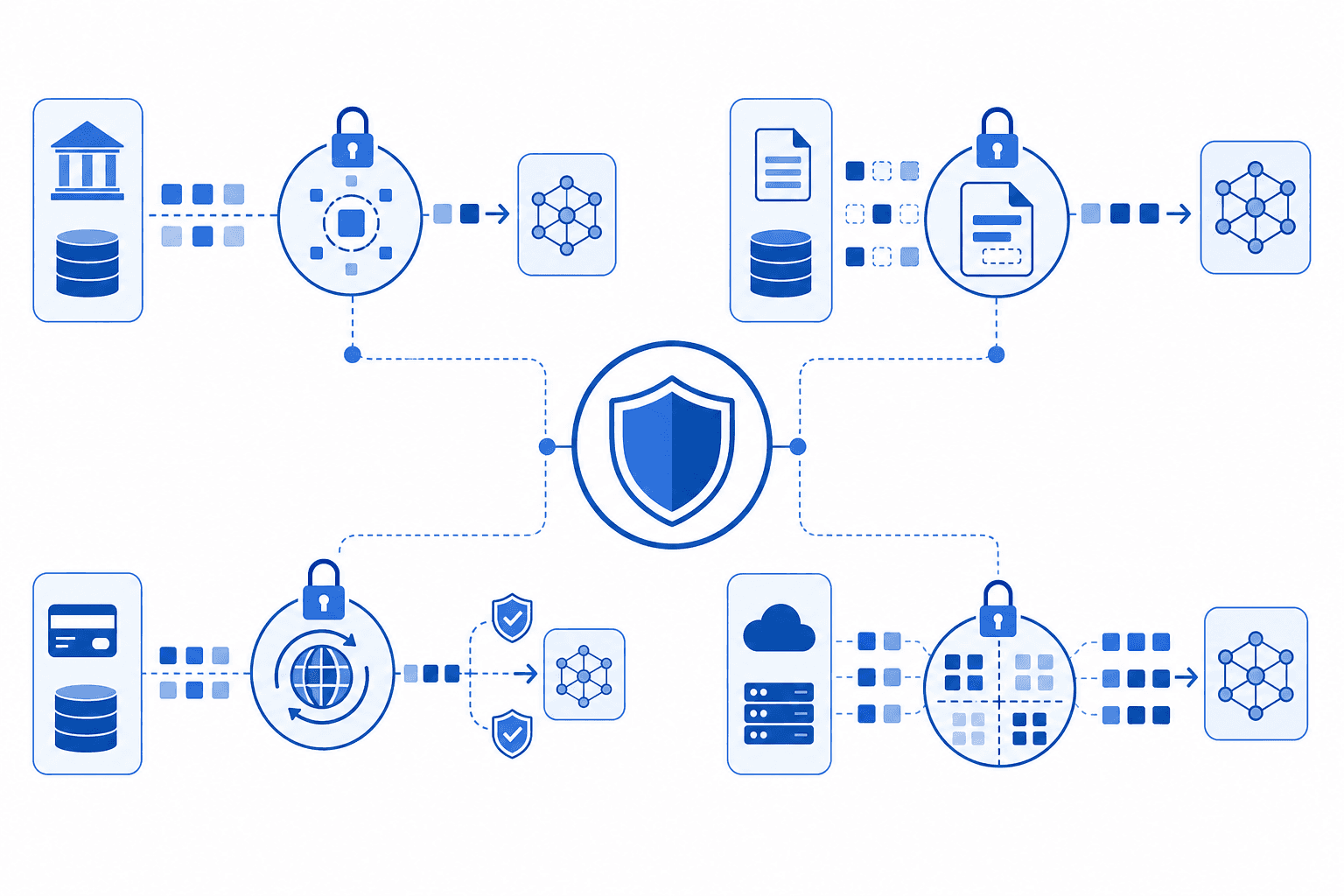 A clean technical diagram showing data flow security architecture for a financial platform: a central shield icon connected to four pathways labeled with lock symbols representing tokenization, redaction, payment redirect, and network segmentation. Each pathway shows data flowing from a source system through a protective layer before reaching an AI processing node. Blue and white color palette, flat design, no text or letters anywhere in the image.