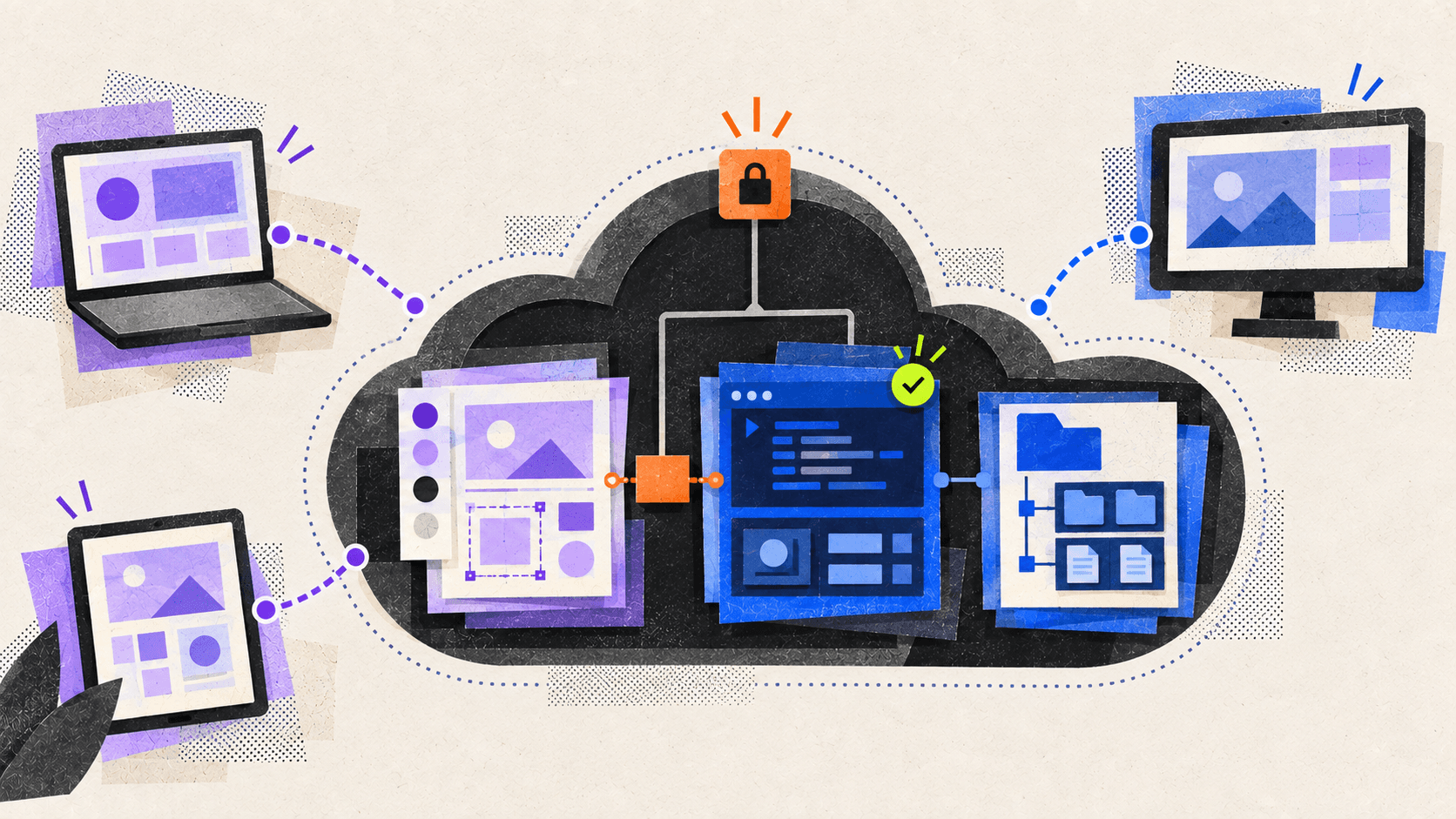 Editorial collage showing multiple devices connected to an isolated cloud workstation containing Figma design context, a coding workspace, and a shared repository.