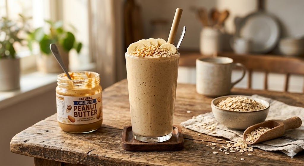 A tall glass filled with a creamy peanut butter banana smoothie on a rustic wooden table, garnished with sliced bananas, crushed peanuts, and oats. A jar of crunchy peanut butter and a bowl of rolled oats sit next to the glass in a cozy, sunlit kitchen.