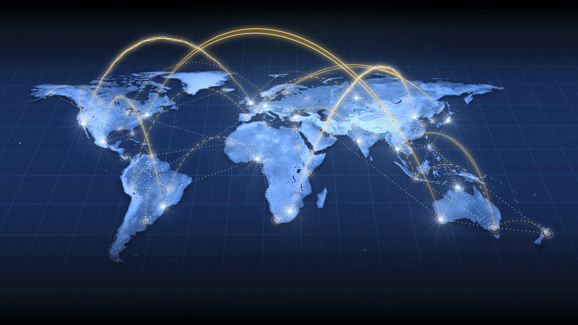 A digital world map displaying interconnected network lines symbolizing global communication and innovation, representing a new world of growth and opportunities in the digital age.