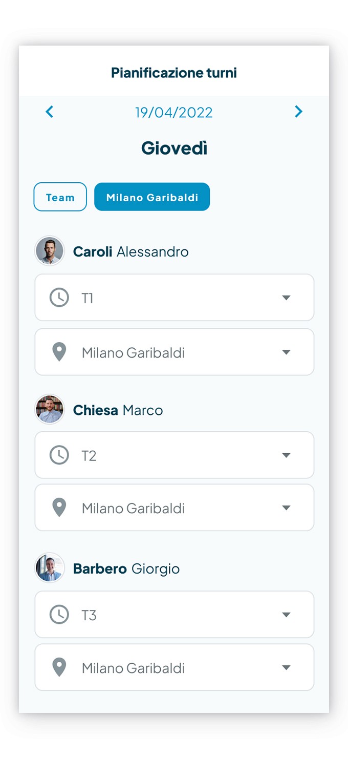 Schermata della pianificazione turni di Fluida con dettaglio dei turni di ciascun dipendente e possibilità di modifica turno e sede
