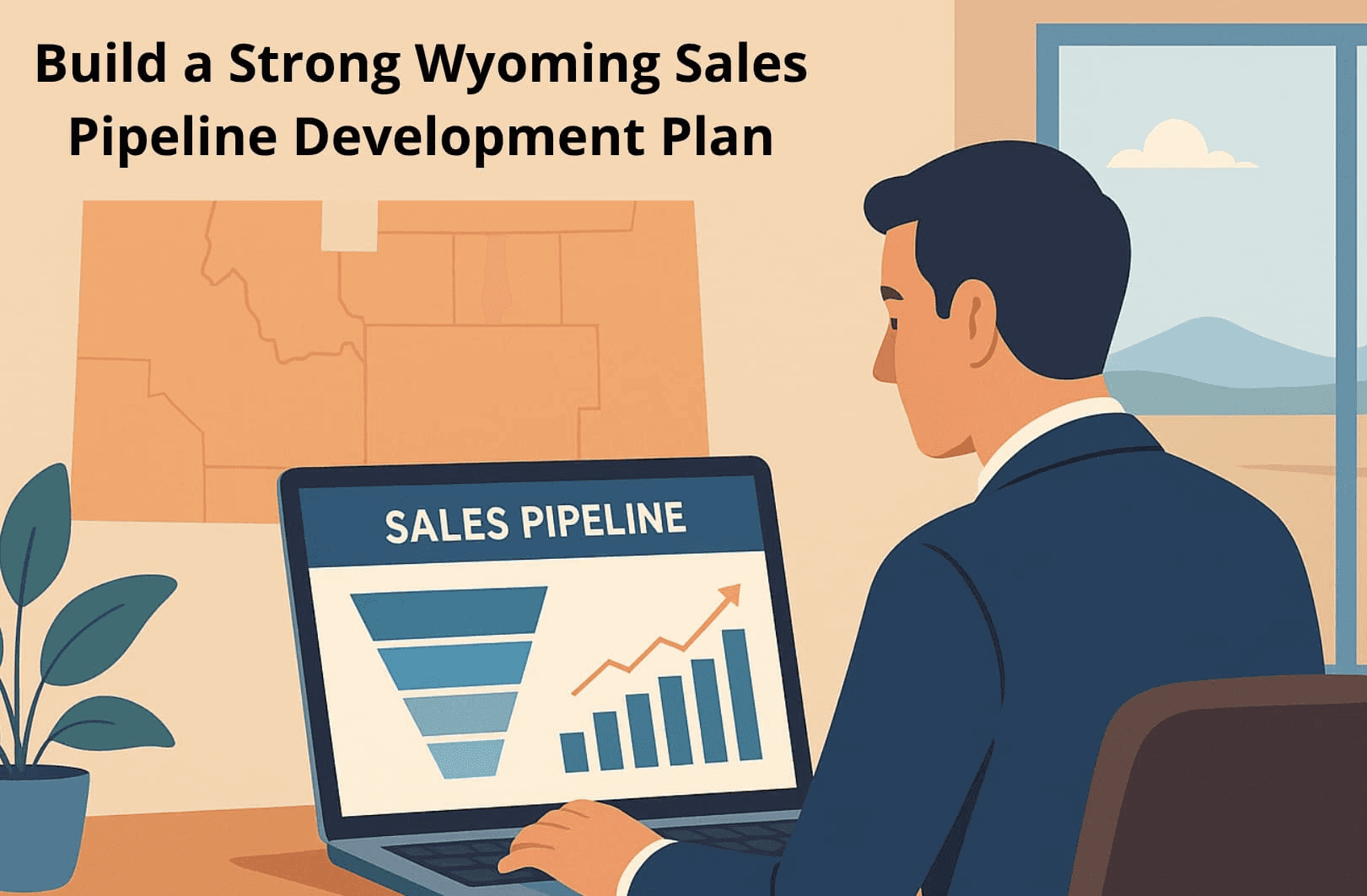 Professional analyzing data dashboard for Wyoming sales pipeline development plan.