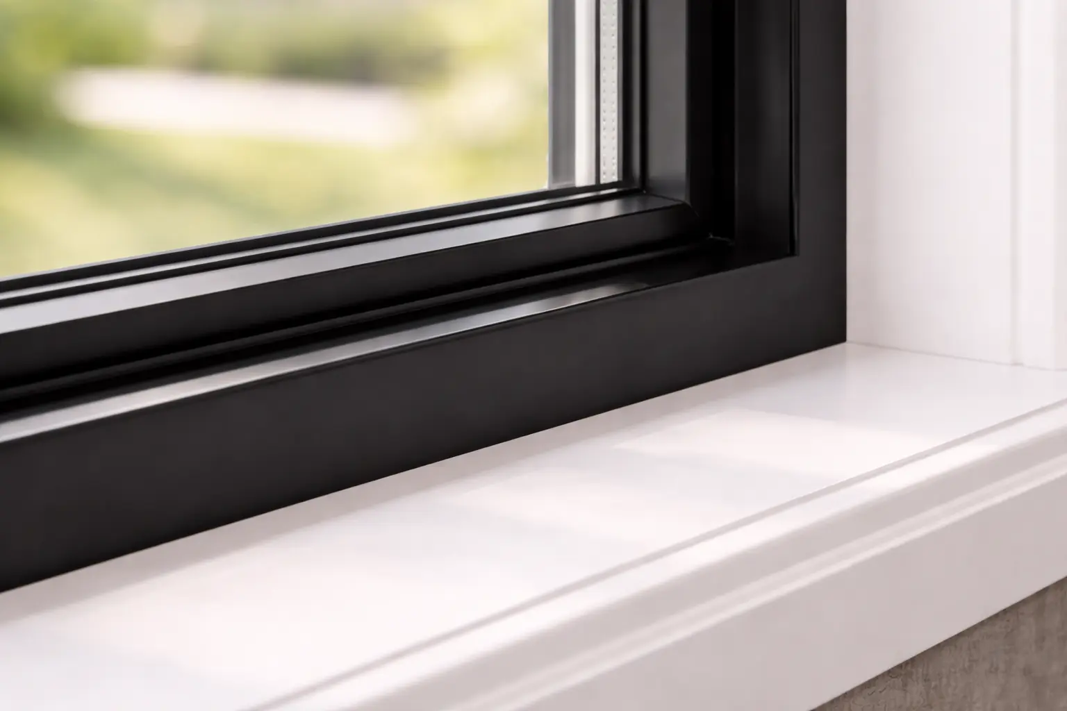 A deep-cleaned window track and white interior sill, showing a dust-free and polished finish on a black window frame after a move-out clean.