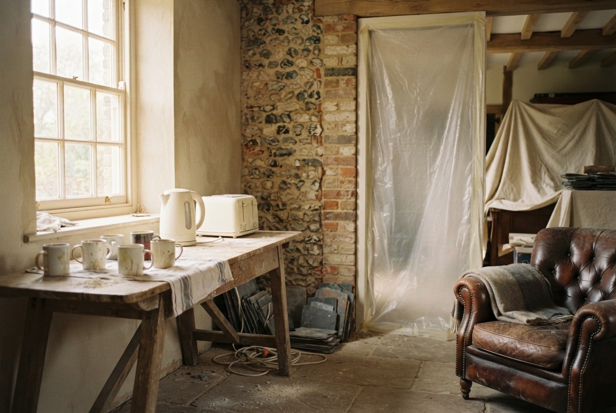 A room mid-renovation sealed with dust sheets beside a working kitchen corner