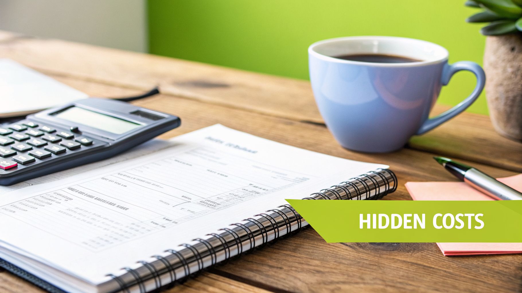 A desk with a calculator, documents, coffee, and a banner saying 'HIDDEN COSTS'.