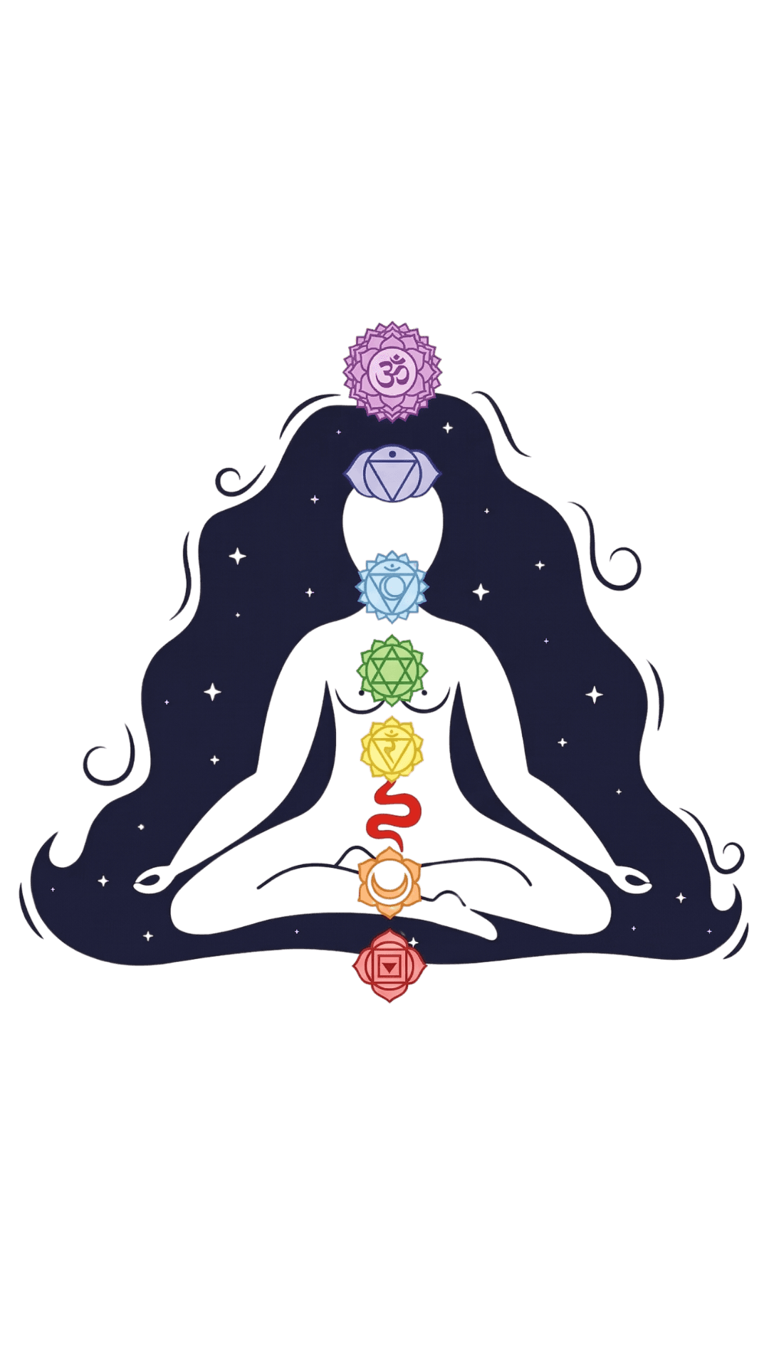 A woman sits cross-legged with eyes closed, wearing a white blouse and a long purple skirt, looking serene.