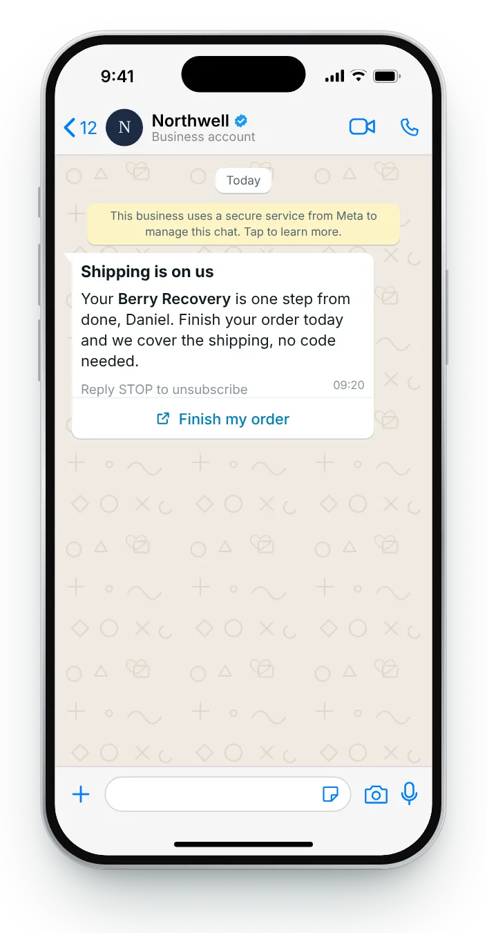 Shipping covered if they finish today: WhatsApp cart reminder on an iPhone