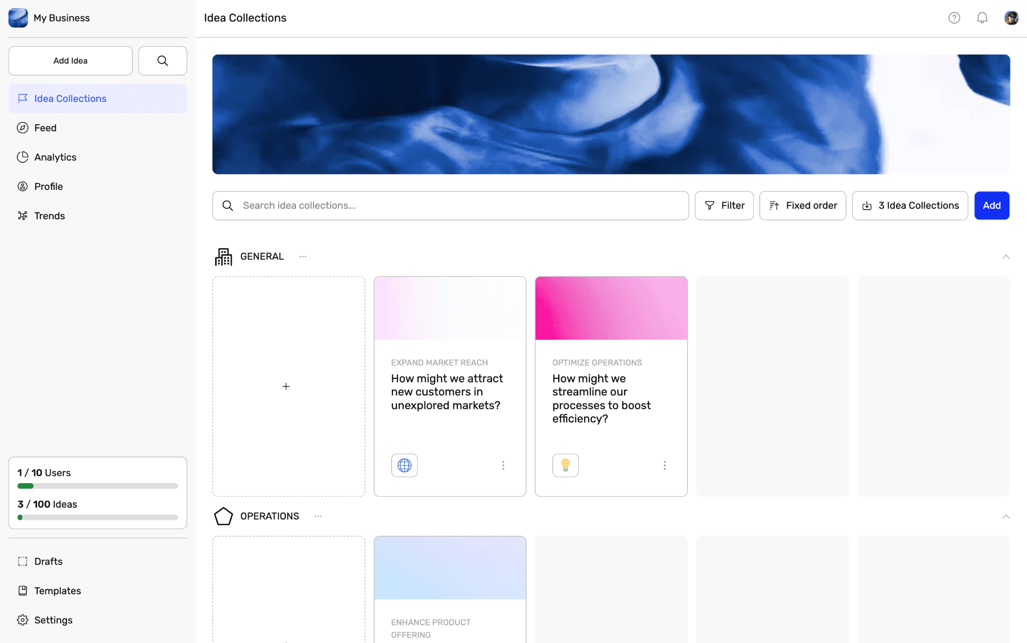 Ideanote general dashboard with templates and button to start drafts