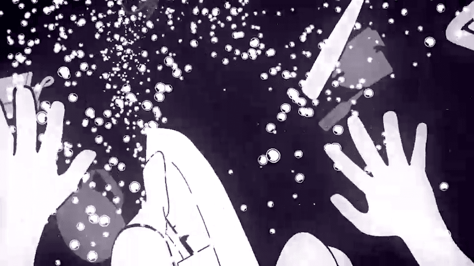Dramatic animation of paddler underwater with bubbles rising after capsizing incident