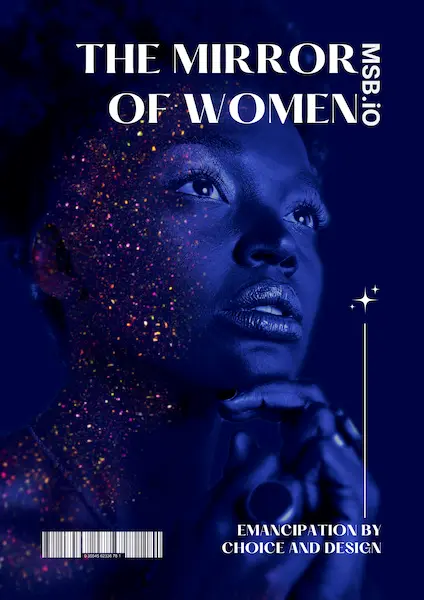 A woman’s face adorned with glittering particles, representing the theme of emancipation by choice and design. Cover of a mini-magazine by Heroes’ Club celebrating women’s empowerment and self-determination.