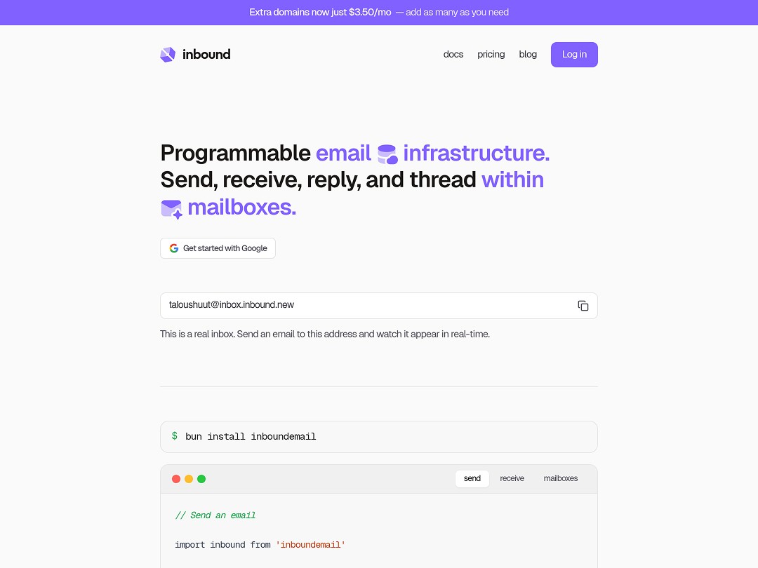 Inbound email infrastructure landing page with headline, Google signup button, demo inbox address, and code snippet