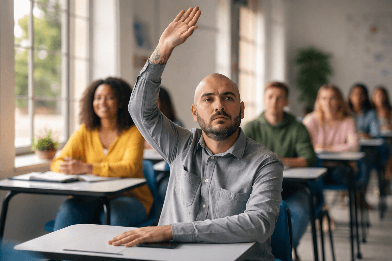 A mature student raising his hand in class