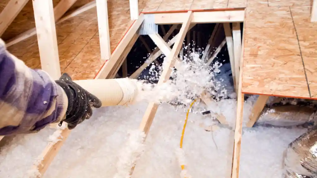 Insulation being blown into an attic
