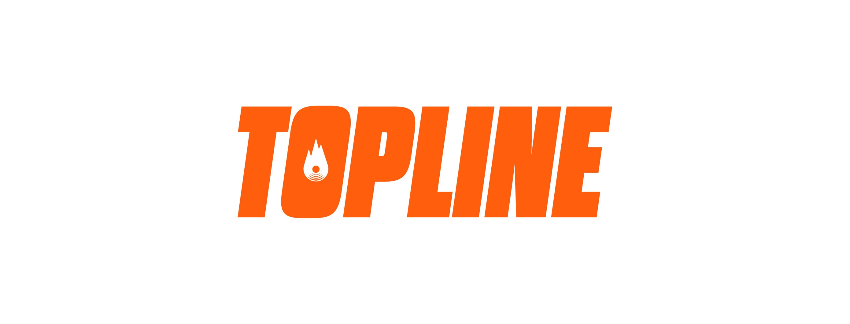 Logo du média digital musical 'TOPLINE'. Le mot 'TOPLINE' est affiché en majuscules avec une typographie audacieuse, inclinée (italique) et percutante, de couleur blanche. Le fond est uni, orange vif. La lettre 'O' est remplacée par une icône stylisée de flamme ou de goutte d'énergie, symbolisant l'impact, le contenu chaud ou le rap. Ce logo est un exemple de branding fort et moderne pour les médias digitaux et les marques de l'industrie musicale, conçu pour un usage web et réseaux sociaux par Nux-Studio.