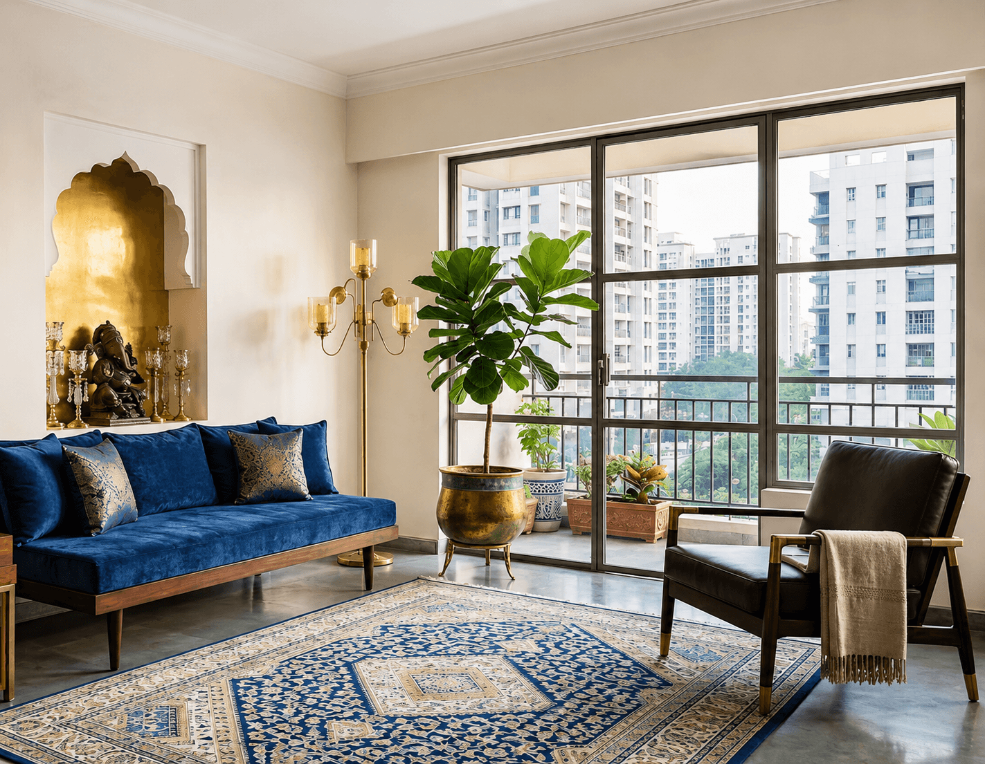 Elegant modern living room with a deep blue velvet sofa, brass accents, indoor plants, patterned rug, and large floor-to-ceiling windows overlooking city apartments.