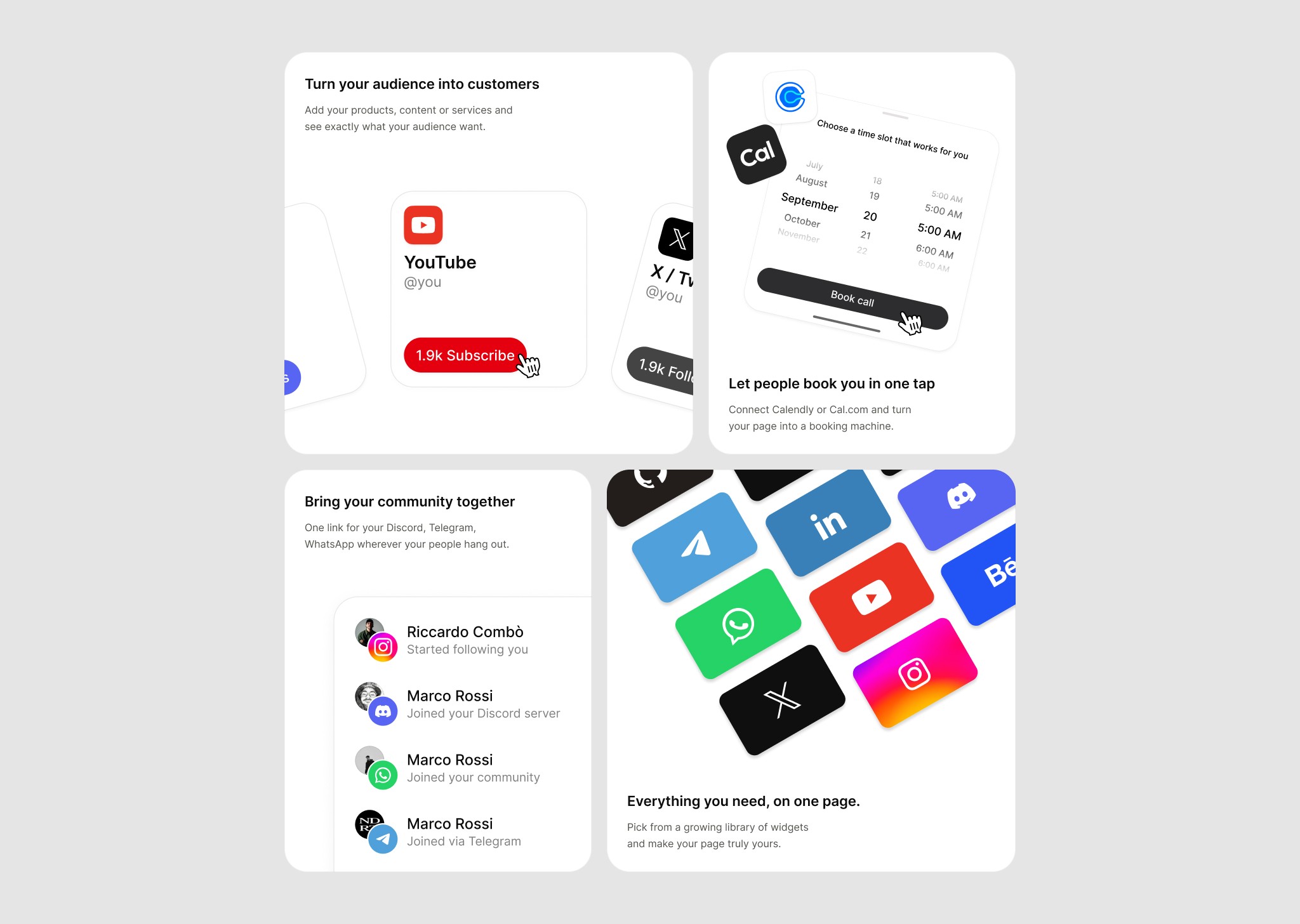 Website integration examples: YouTube, Calendly, social media links.
