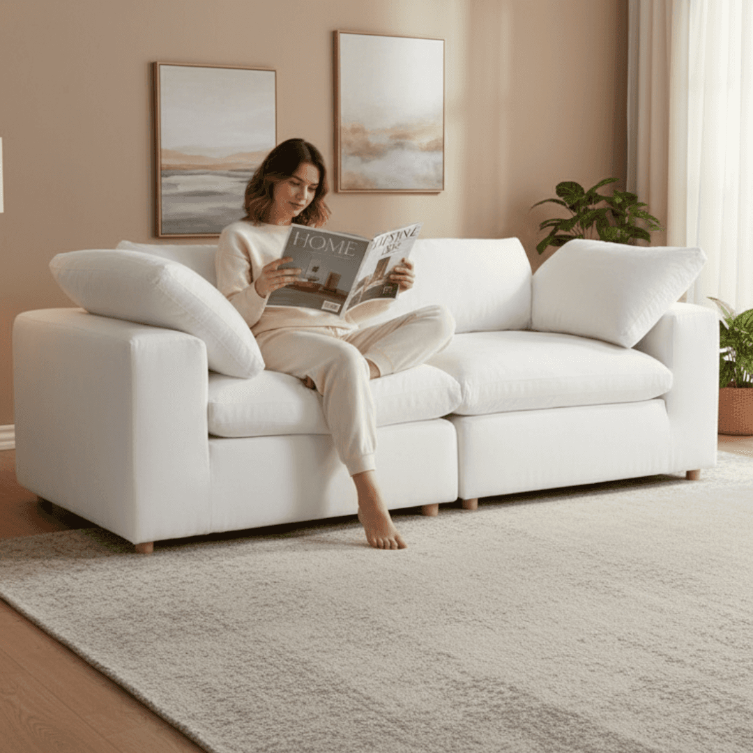 AI furniture product photography: grey sofa in a styled living room scene generated with Caspa AI