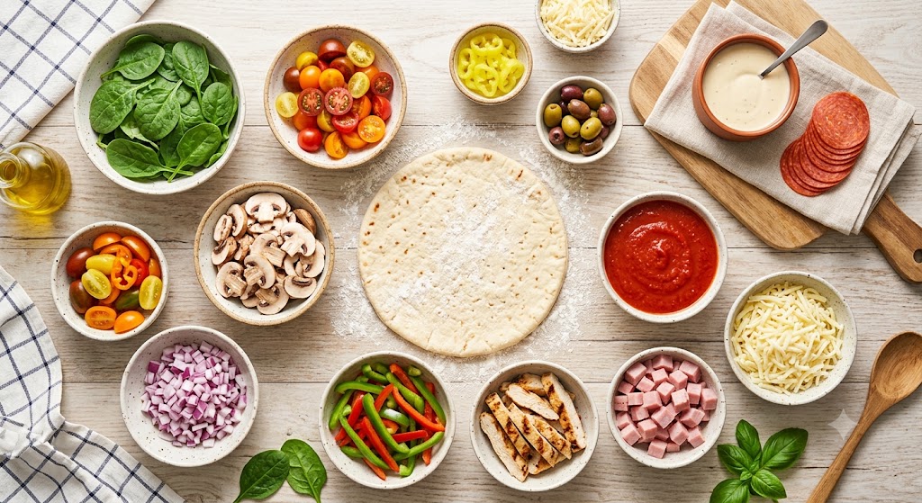 Top-down view of a beautifully arranged healthy pizza-making station, featuring fresh ingredients like grilled chicken, diced vegetables, spinach, light mozzarella, and a thin crust base on a light wood surface, perfect for healthy meal prep.