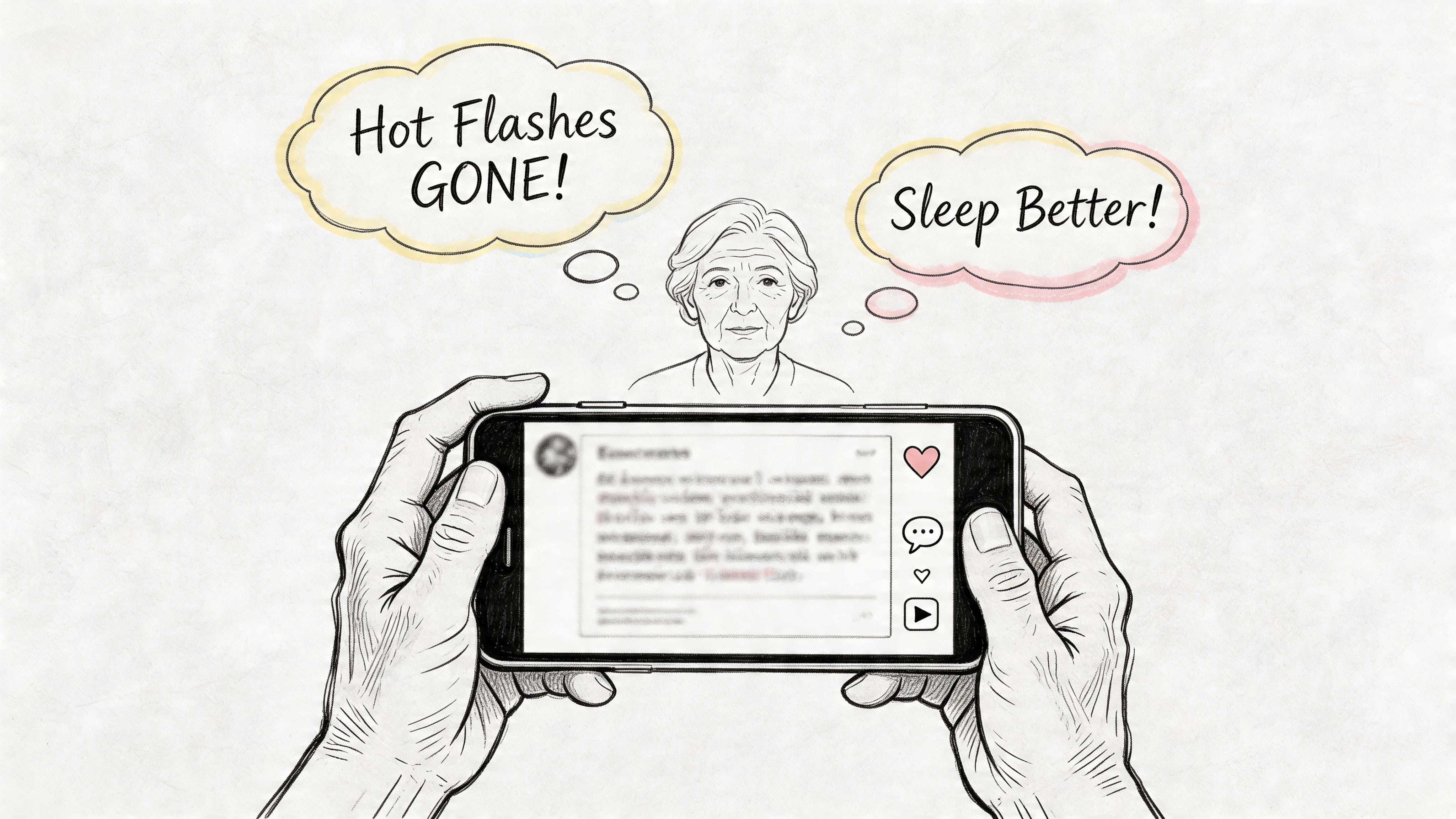 A line drawing of an older woman looking at a smartphone displaying a social media post.