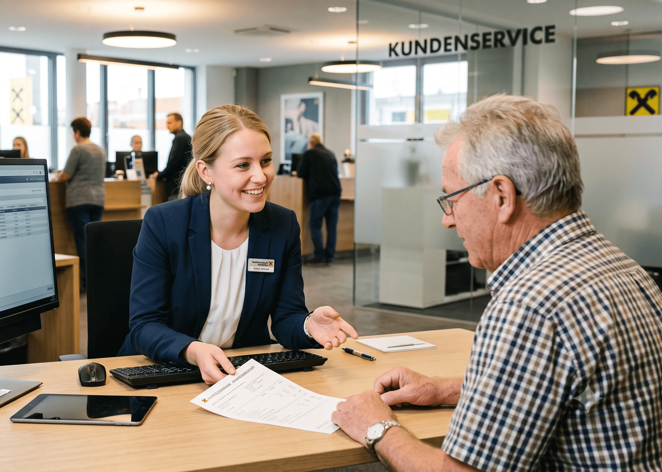Eine junge, lächelnde Bankmitarbeiterin mit blondem, zusammengebundenem Haar und einem blauen Blazer sitzt an ihrem Schreibtisch in einer modernen Raiffeisenbank-Filiale und bedient einen älteren Kunden im karierten Hemd. Sie zeigt mit einer Geste auf ein Dokument, das auf dem Tisch liegt. Auf dem Schreibtisch befinden sich ein großer Computermonitor mit einer Benutzeroberfläche, eine Tastatur, eine Maus, ein Tablet und ein Stift. Im Hintergrund ist der hell erleuchtete Servicebereich mit dem Schriftzug „KUNDENSERVICE“ sowie weiteren Mitarbeitern und Kunden zu sehen.
