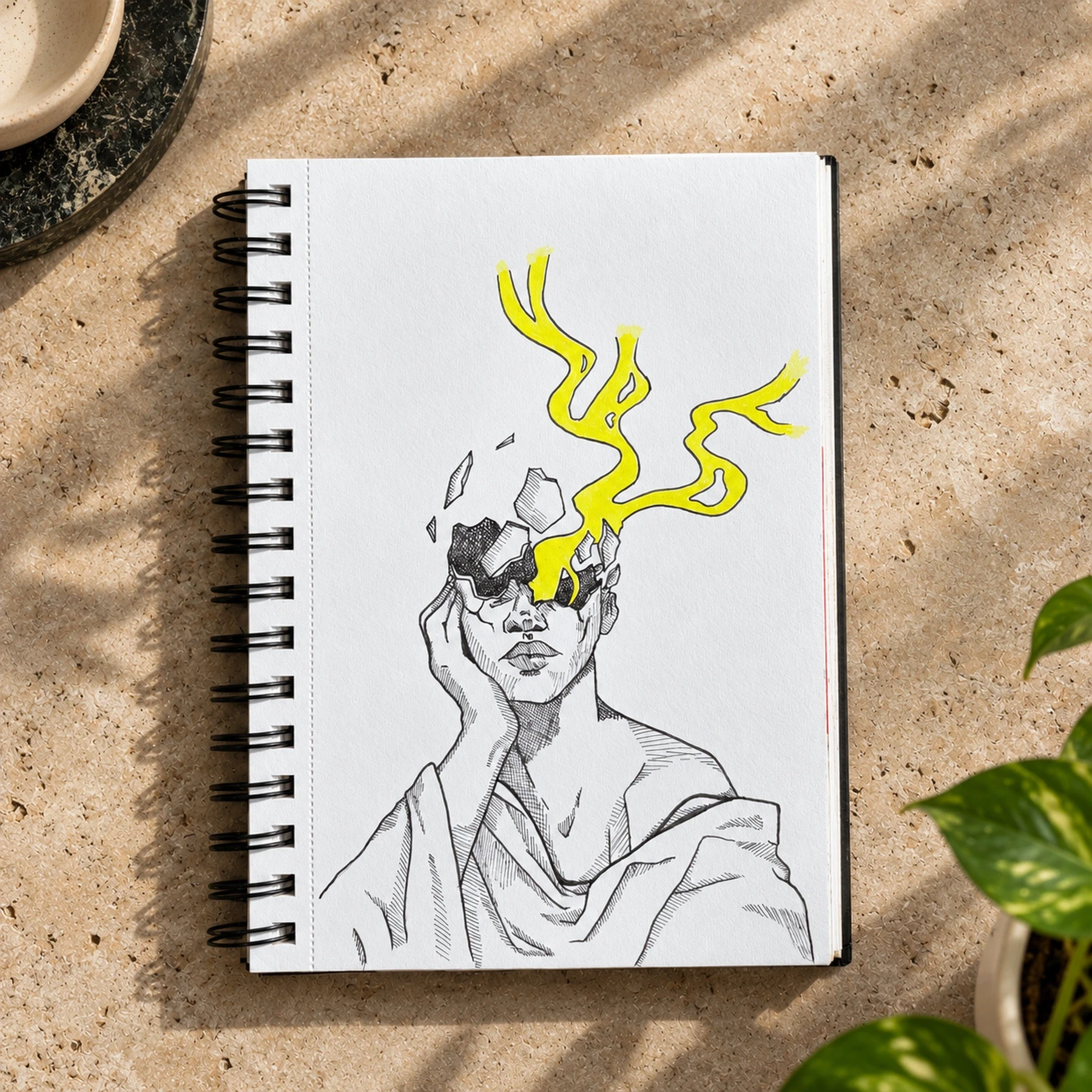 Surreal portrait of a figure with yellow branching antlers.