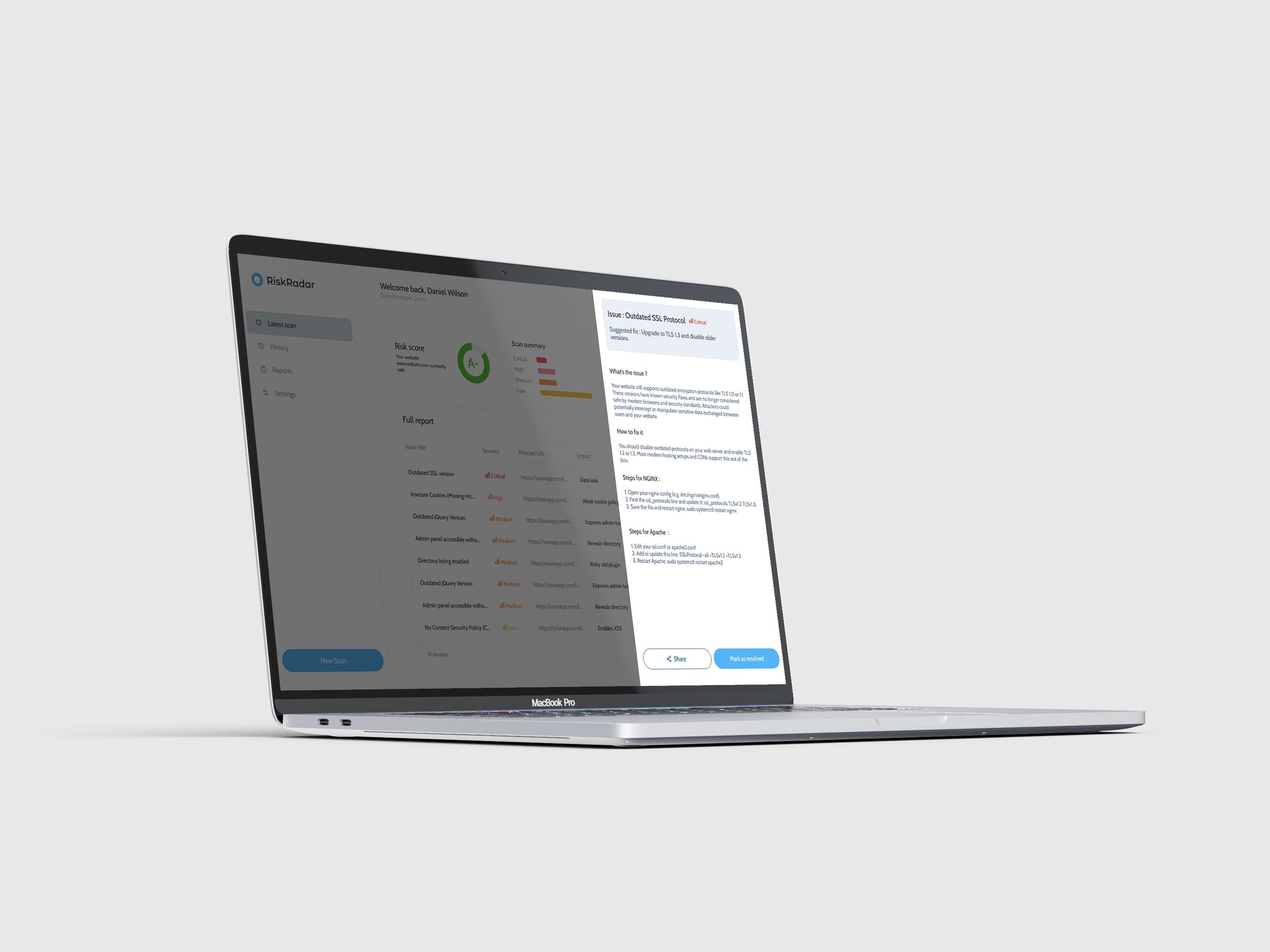 riskradar dashboard mockup