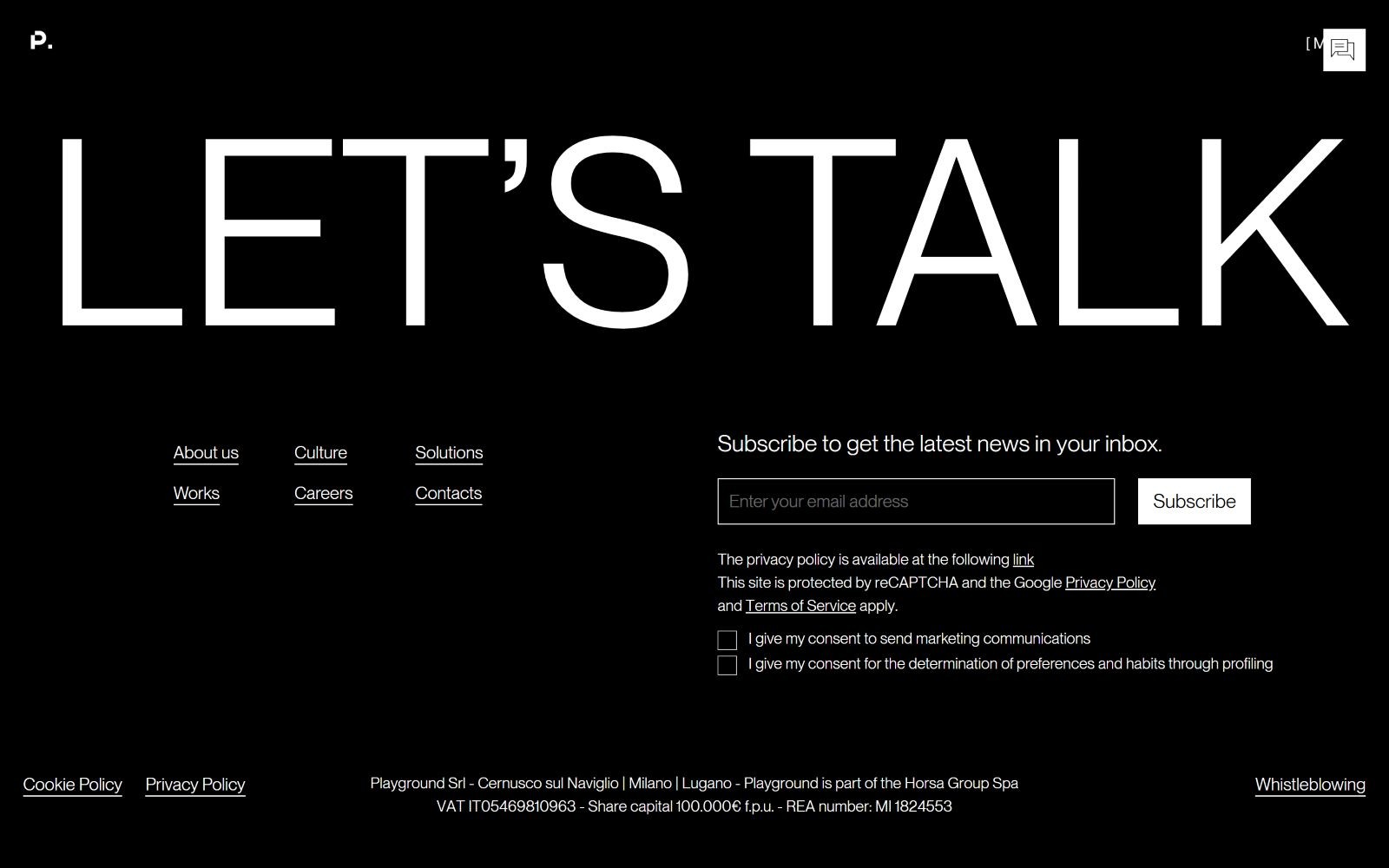 Black background with bold white text saying "LET'S TALK." Subscribe section and contact info in smaller white text below.