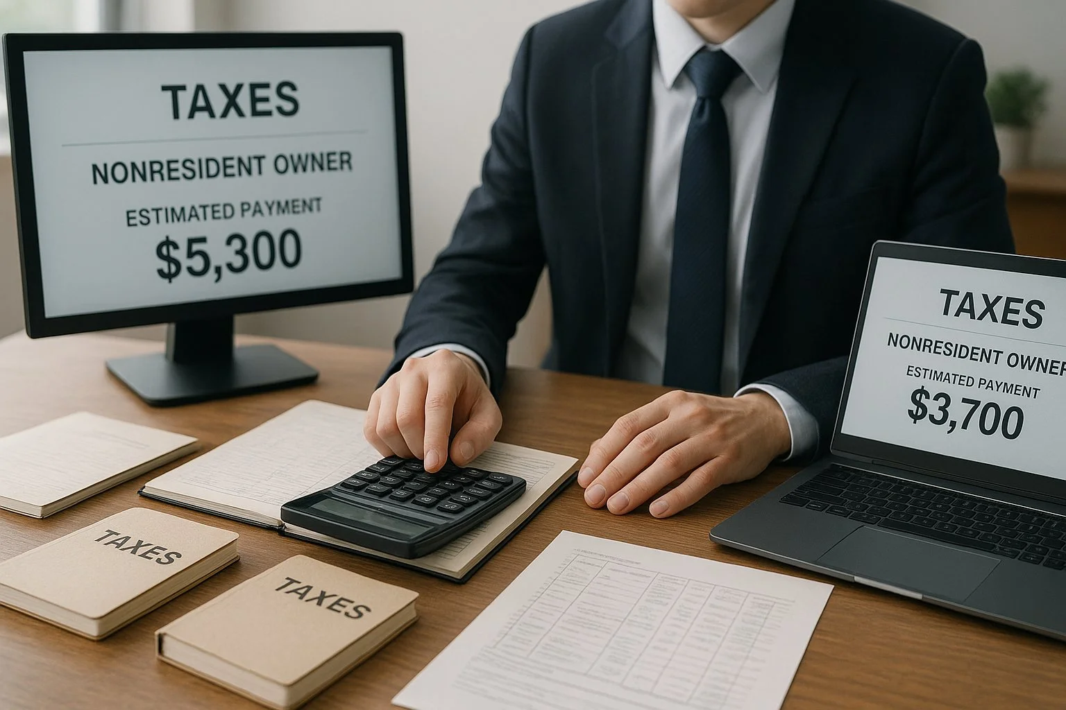 Business office illustration showing tax calculations for nonresident owners, with small ledgers and digital screens displaying estimated payments.