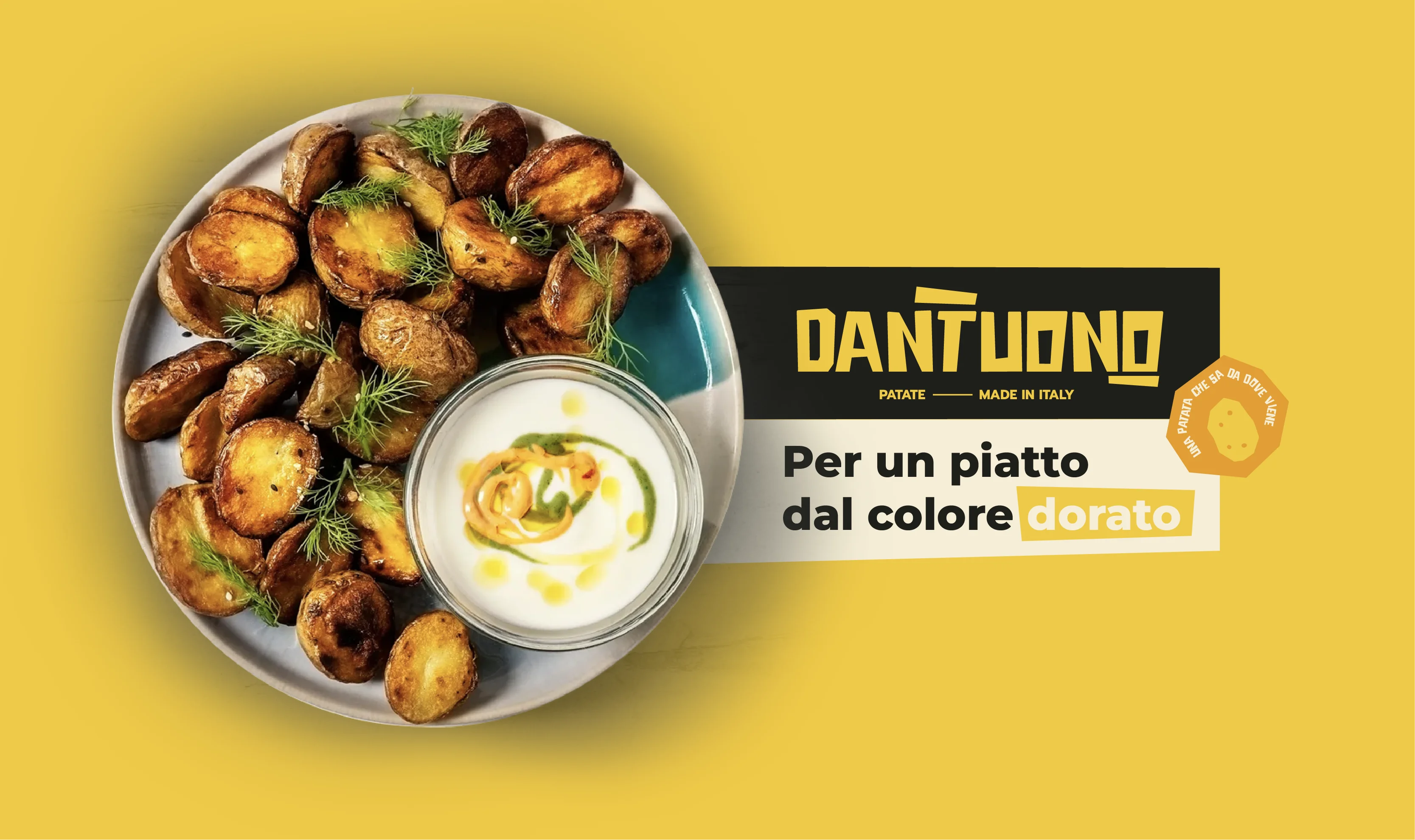 Dantuono social media post with roasted potatoes, dip and brand payoff 'Per un piatto dal colore dorato'.