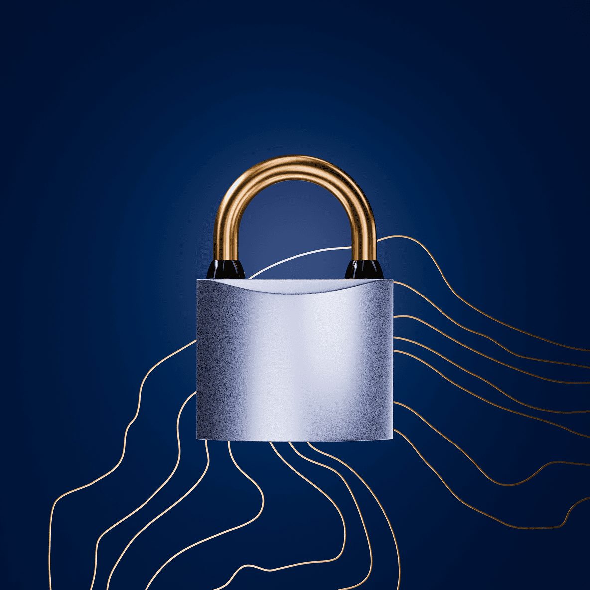 A minimalist illustration on a deep blue background showing a metallic gold padlock shackle emerging from a textured light-blue lock body, with thin flowing gold lines extending downward like abstract contours or data streams.