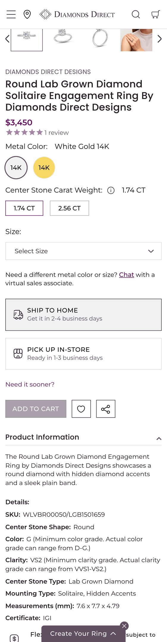 Jewelry product options include:  for Round Lab Grown Diamond Solitaire Engagement Ring By Diamonds Direct Designs from Diamonds Direct.