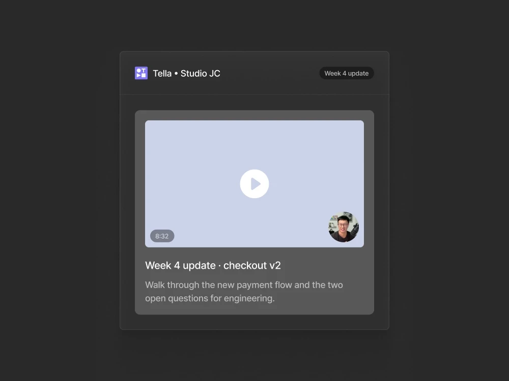 Tella video update walking through week 4 progress on checkout v2