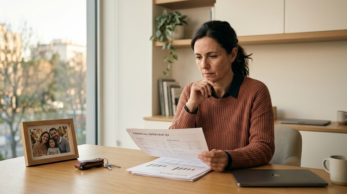 Una mujer analiza documentos financieros en su escritorio en casa, con una foto familiar a su lado.