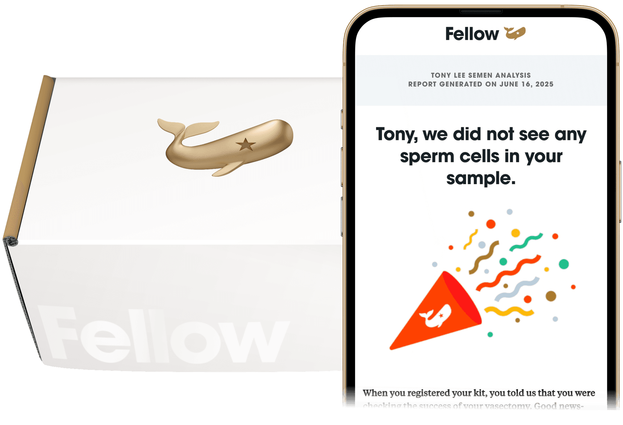 The Fellow Vasectomy Test kit and results shown on a phone
