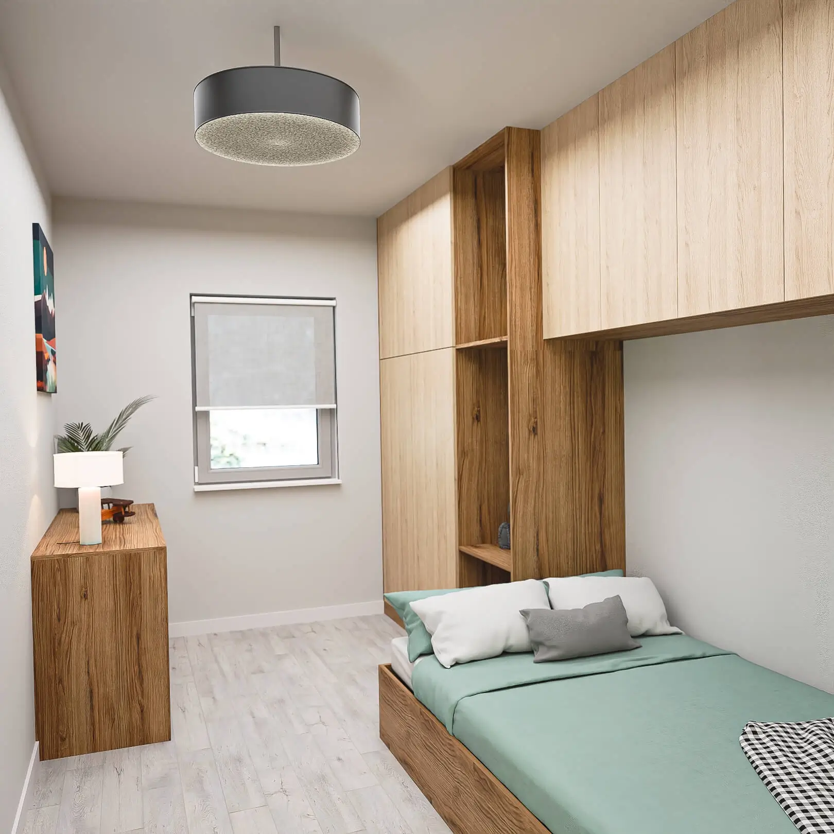 FunkcjoKompletna zabudowa sypialni na wymiar: jasne szafy pod sufit, dedykowane półki nad łóżkiem i mint-green pościel w nowoczesnym wnętrzu.nalna, drewniana zabudowa na poddaszu z otwartymi półkami pod skosami.