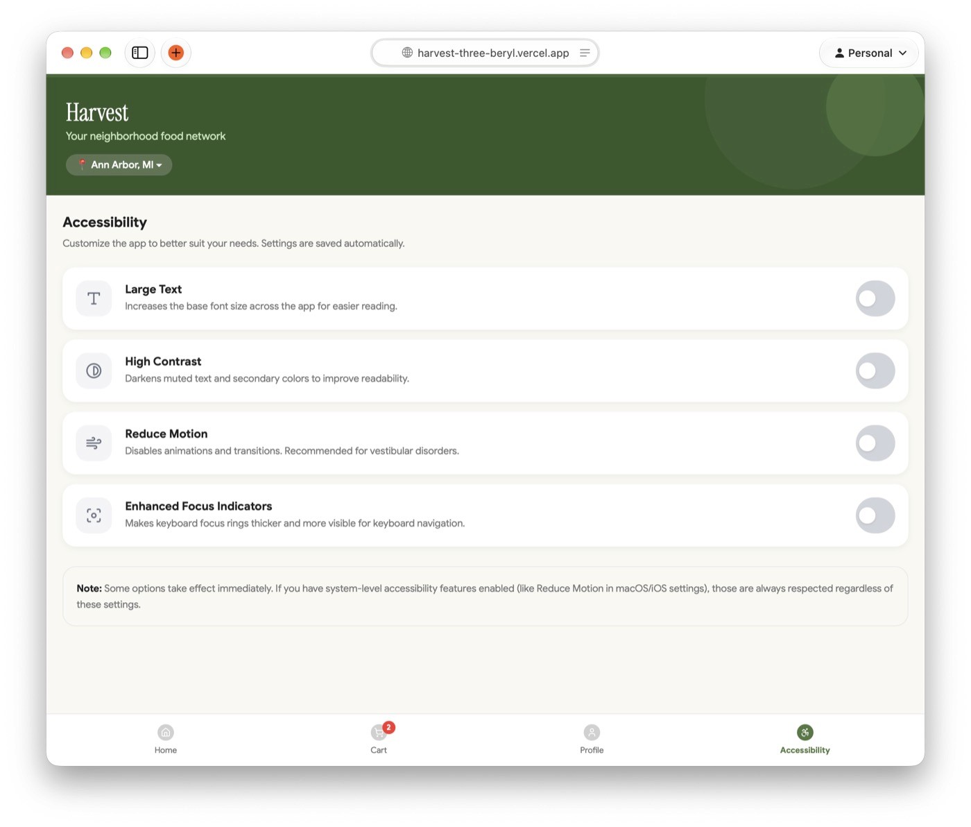 Harvest accessibility settings panel with toggles for large text, high contrast, reduced motion, and enhanced focus indicators