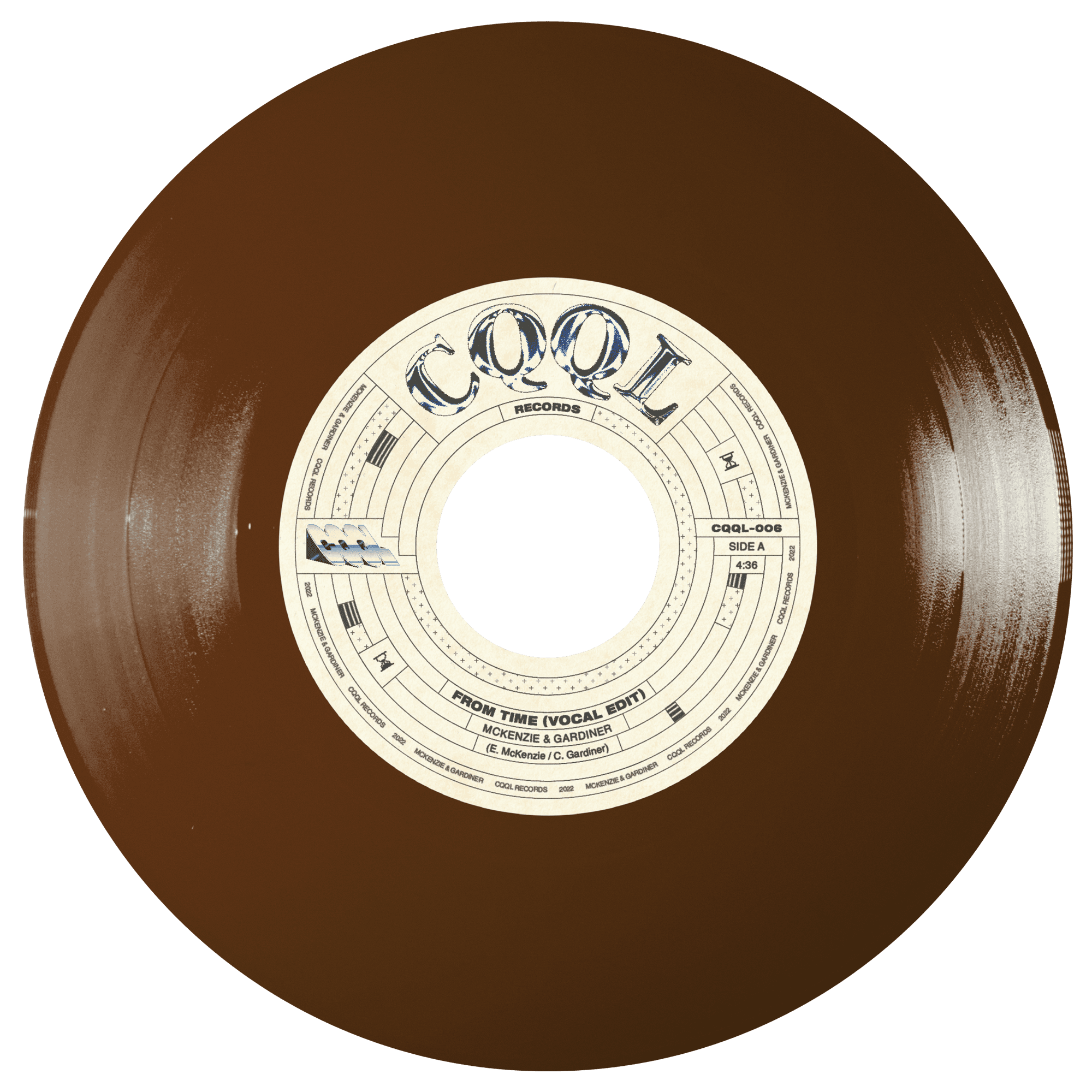 Brown vinyl record with a white label on a white background