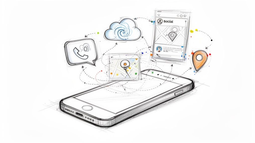 Schets van een smartphone verbonden met cloud, social media, kaarten en communicatie-iconen.