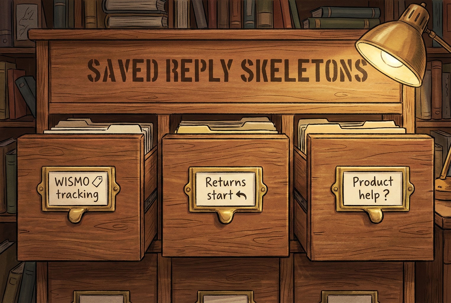 Illustration of “saved reply skeletons” shown as labelled filing drawers for WISMO tracking, returns start, and product help, representing reusable customer support reply templates for small retail teams.