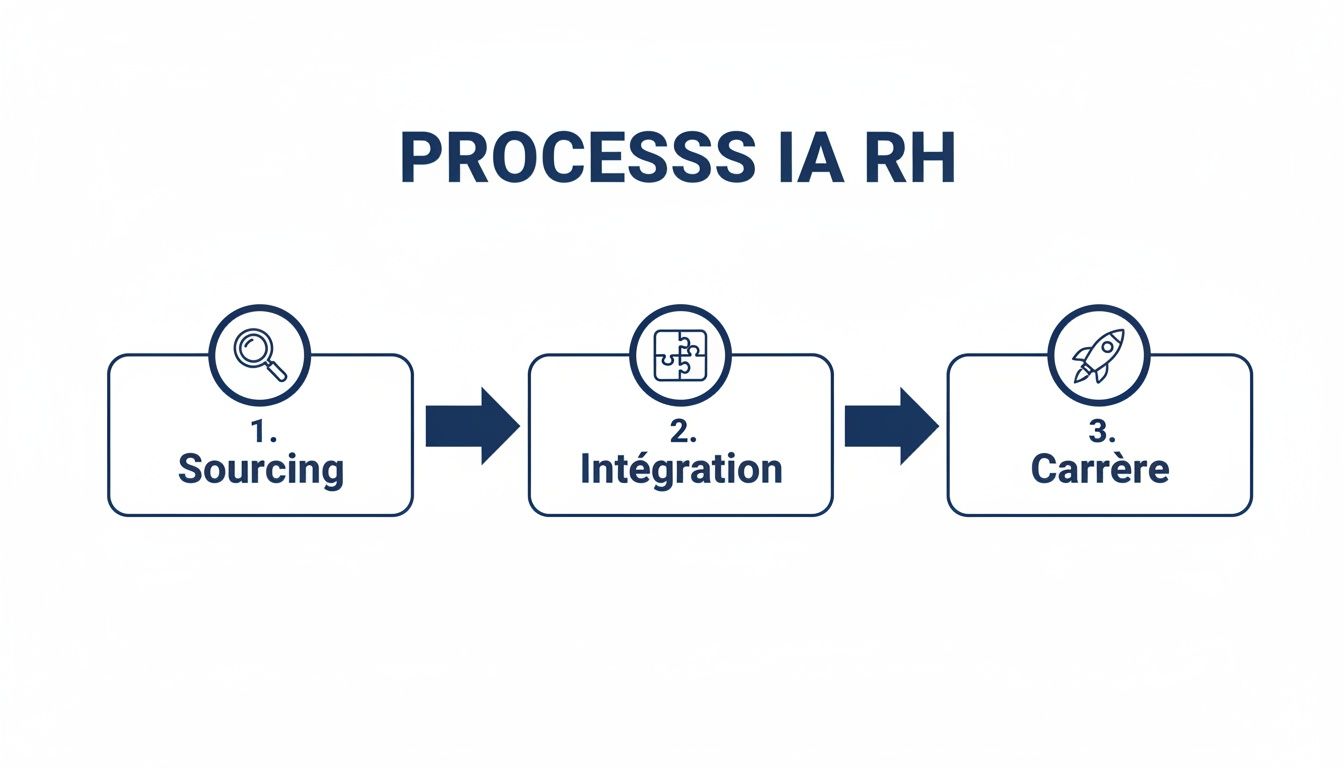 Diagramme de processus IA RH en trois étapes: Sourcing, Intégration et Carrière, avec icônes distinctes.
