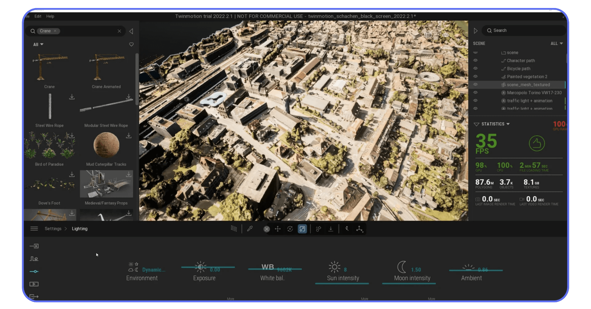 Aerial cityscape scene rendered in Twinmotion with lighting and performance statistics visible.