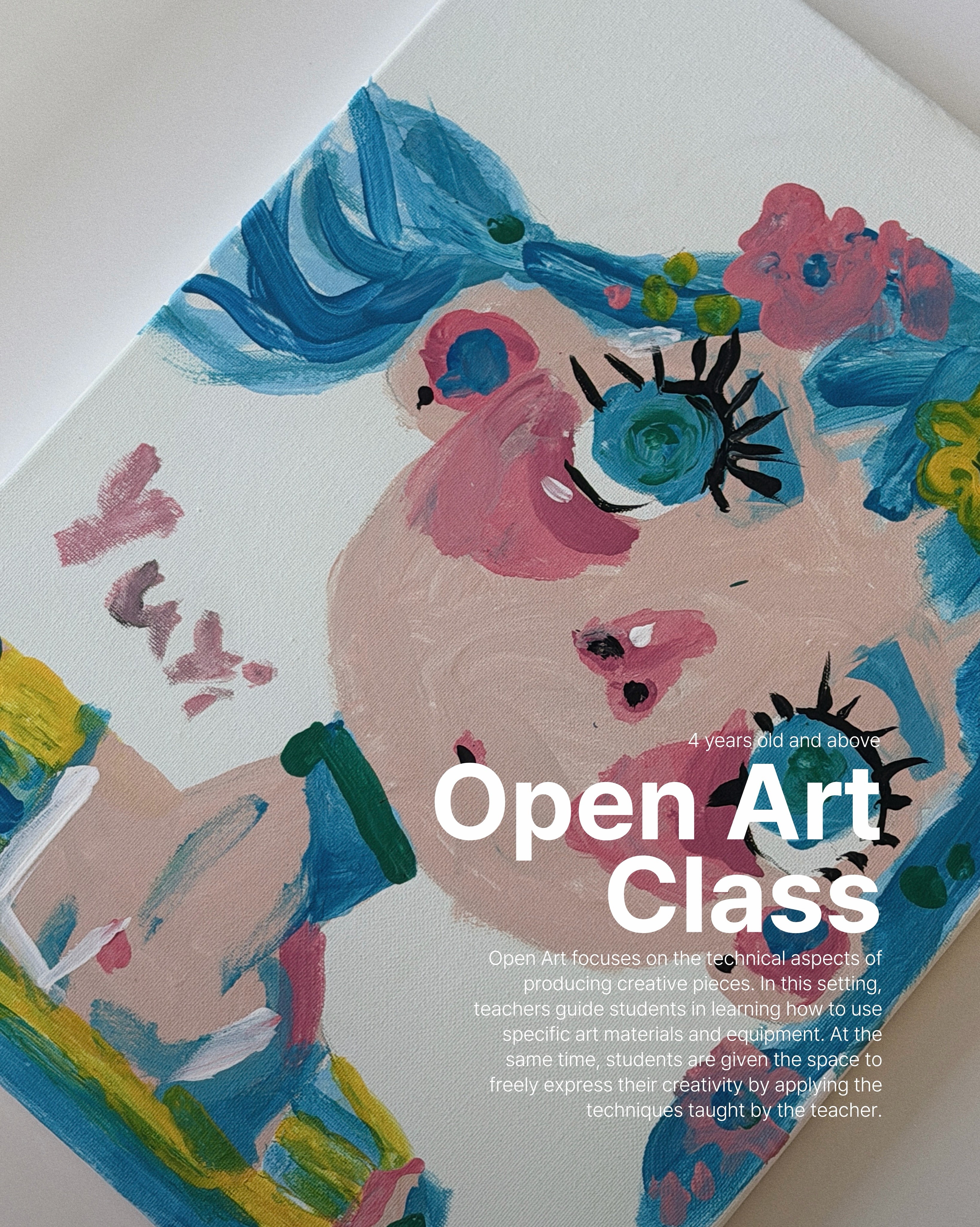 A vibrant canvas portrait painting featuring bold blue hair, pink skin tones, and expressive facial details created with layered brushstrokes by a young artist at Rookids BGC.