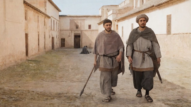 Sacred artwork by Faith and Verse.Sacred artwork by Faith and Verse. © Faith and Verse, 2026. All rights reserved. Two Umayyad guards walking through a public square in Córdoba, al-Andalus, 11 March 859, a kneeling figure visible in the background.