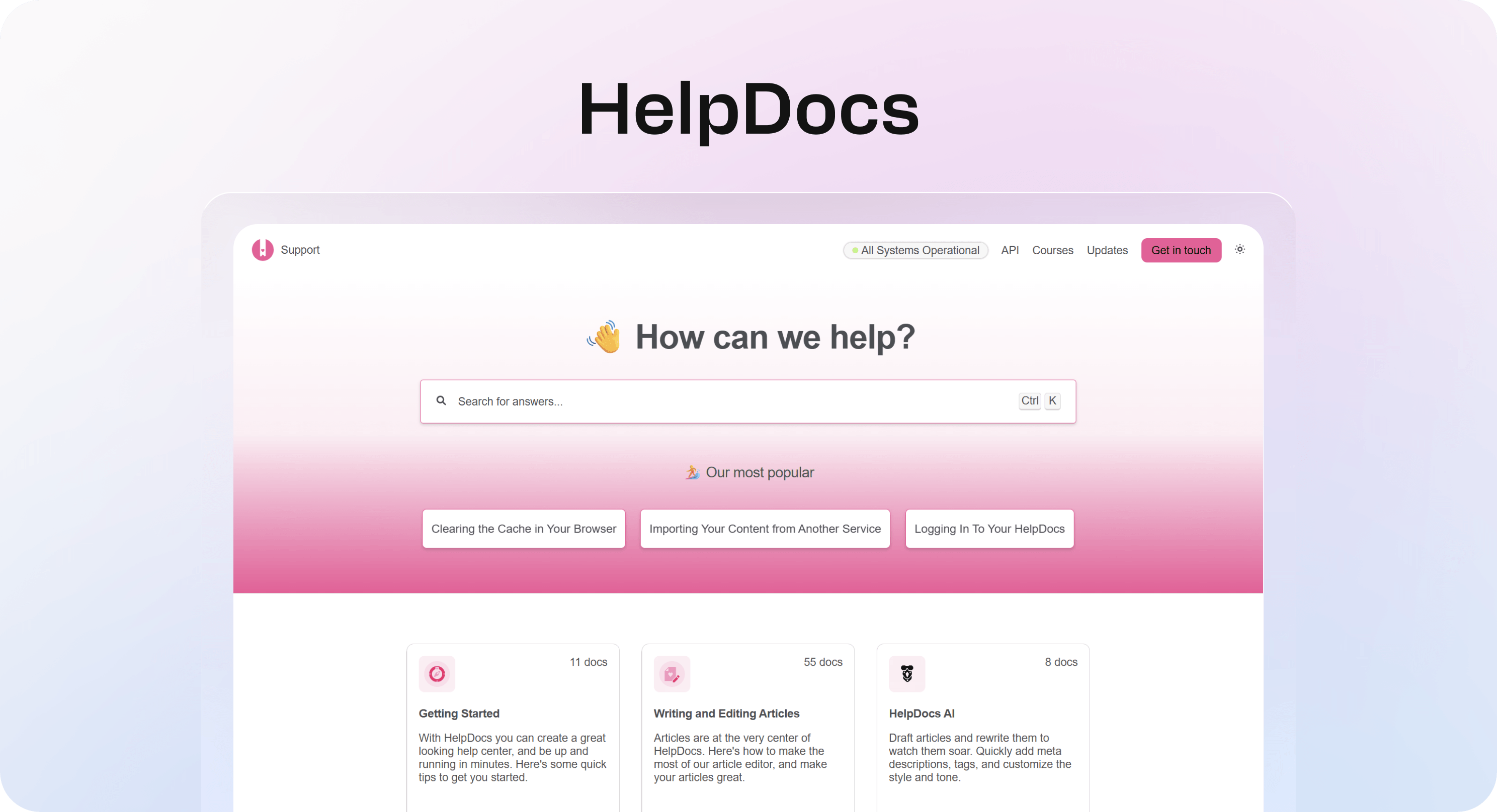 HelpDocs knowledge base homepage with search bar, popular articles, and documentation categories