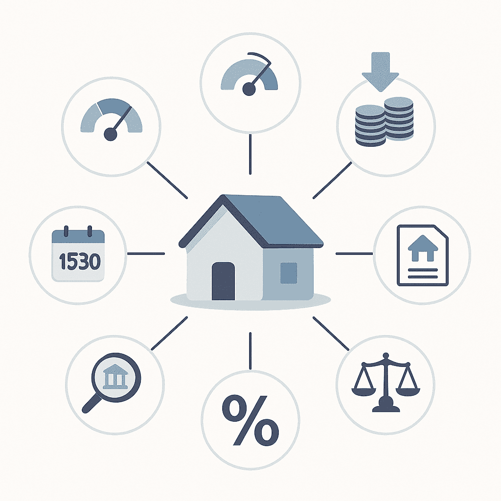 Radial diagram showing six icons around a house that depict key factors influencing mortgage rates