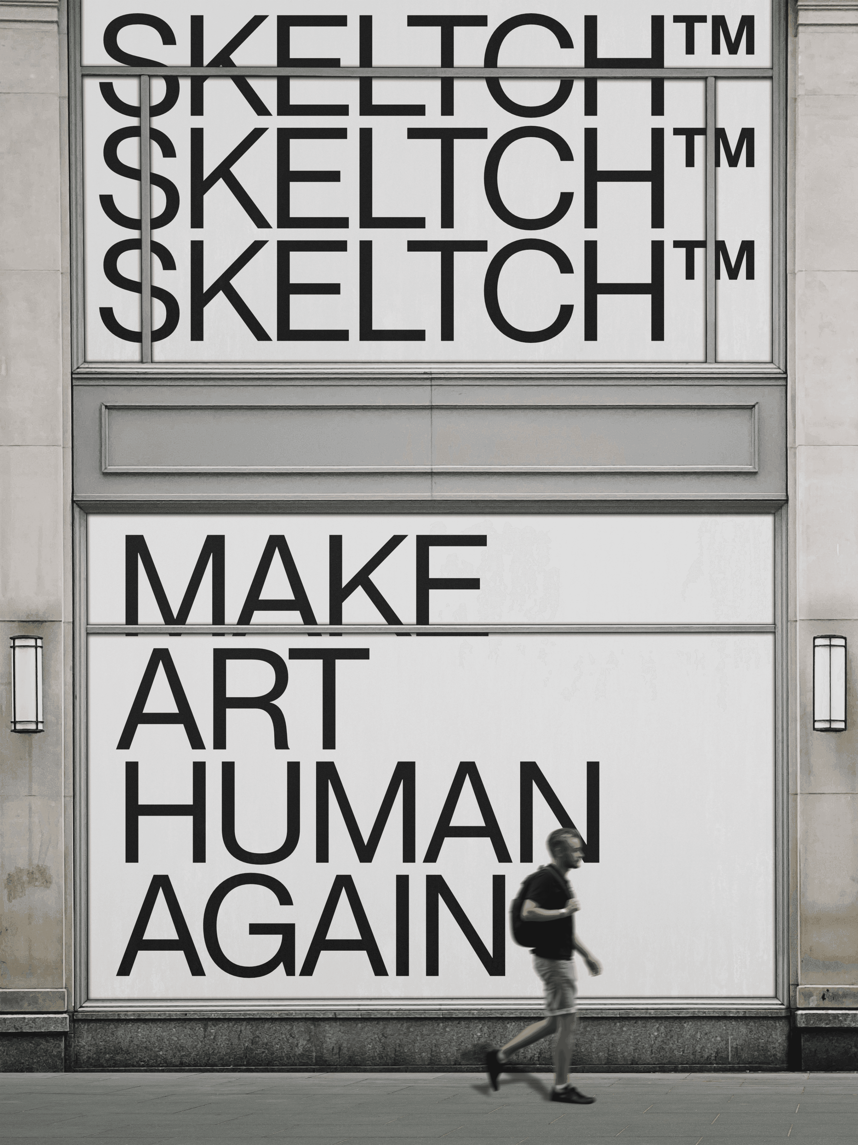 A window decal with the brand name SKELTCH™ and the words MAKE ART HUMAN AGAIN printed on it.