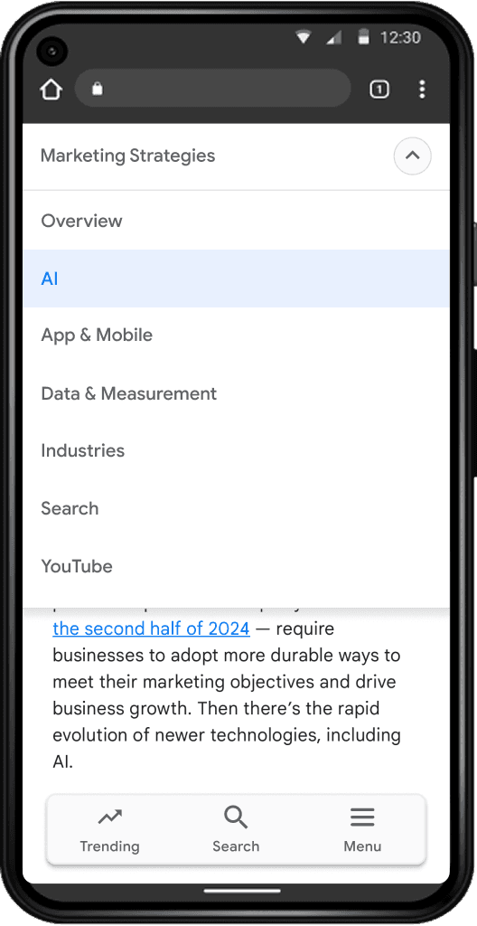 Mobile screen display of the Think with Google home page