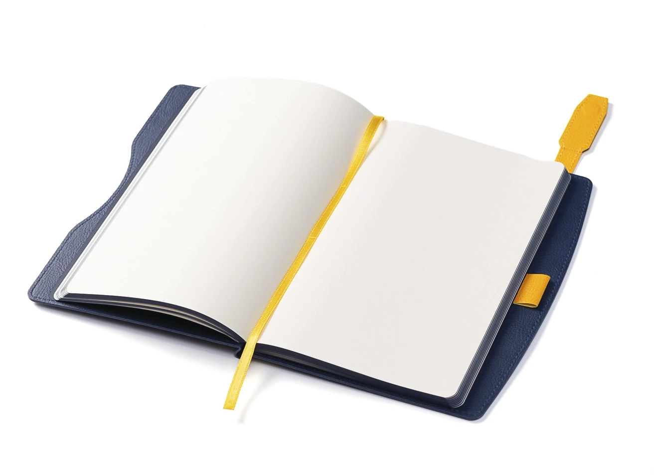 Open notebook displaying blank pages and yellow ribbon.